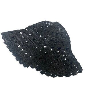 Vintage 70s Black Raffia Crochet Wide Brim Hat Lightweight Floppy Mod Beachy